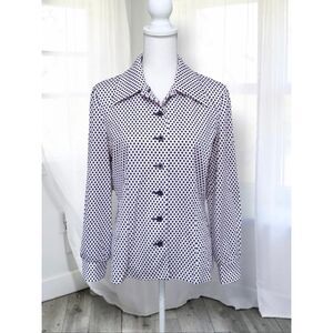 70’s Vintage White & Navy Polka Dot Polyester Button Down Long Sleeve Shirt Top